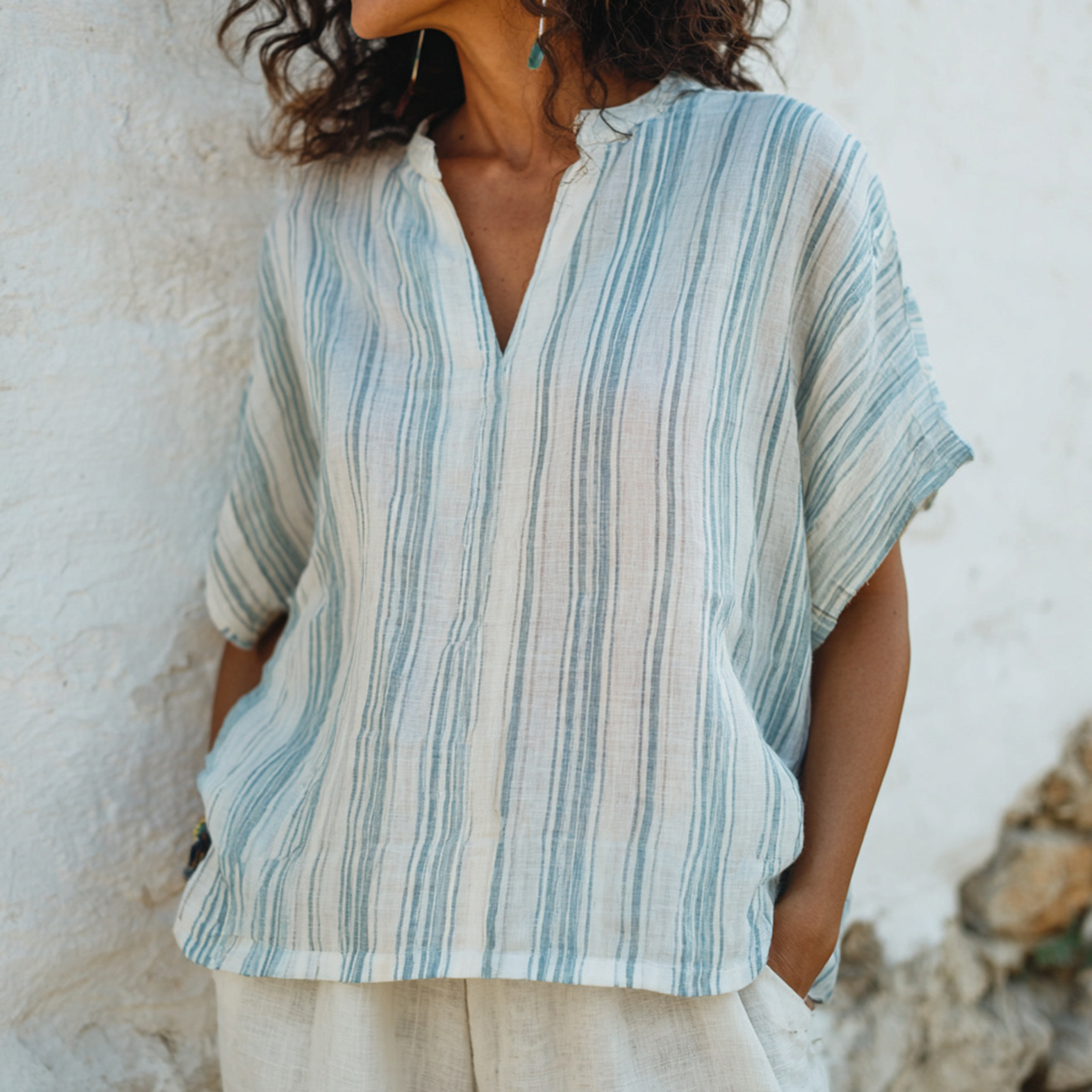 Comstylish Women's Retro Stripes Art Linen Tunic