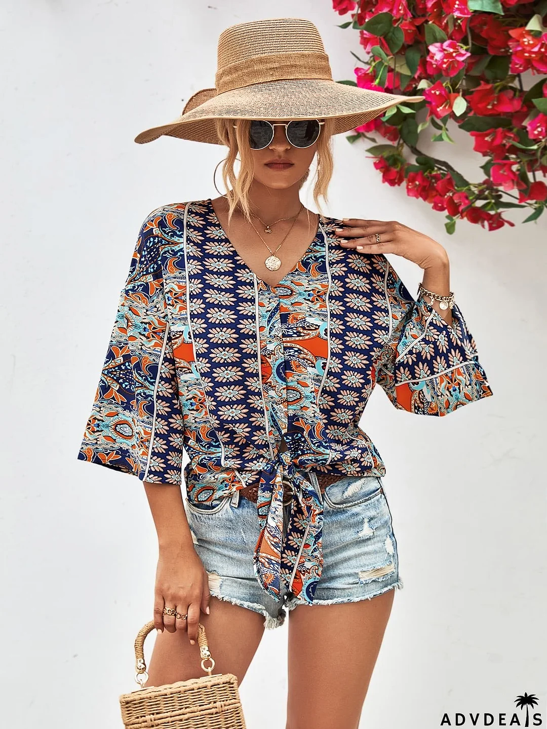 Tie Hem V-Neck Three-Quarter Sleeve Blouse