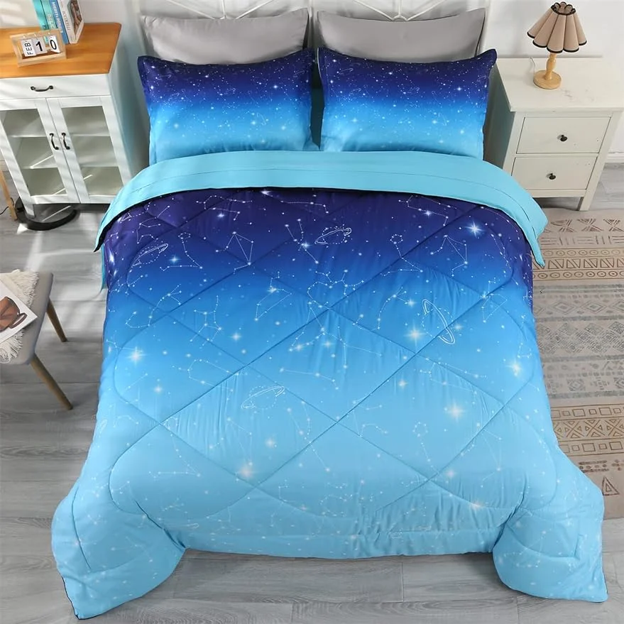 Galaxy Bedding Queen, Blue Queen Size Comforter Sets for Teen Girls, Boys and Adults, Premium 5-Piece Space Glitter Comforter Set, Comfortable and Soft
