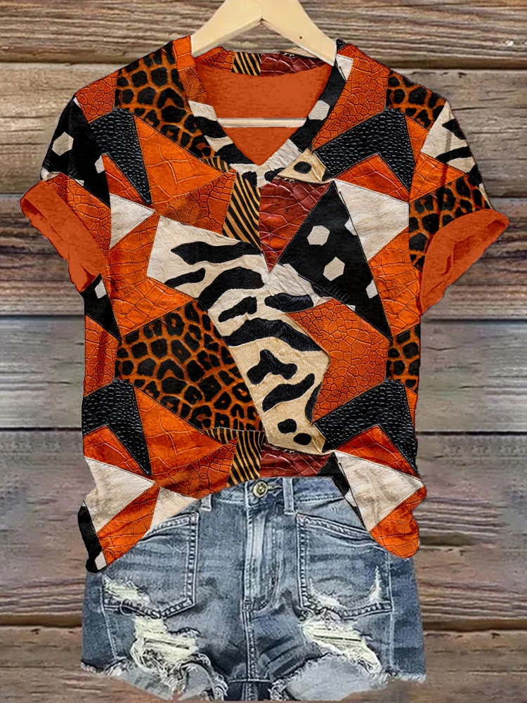 Fall Leather Patchwork Pattern Comfy T Shirt