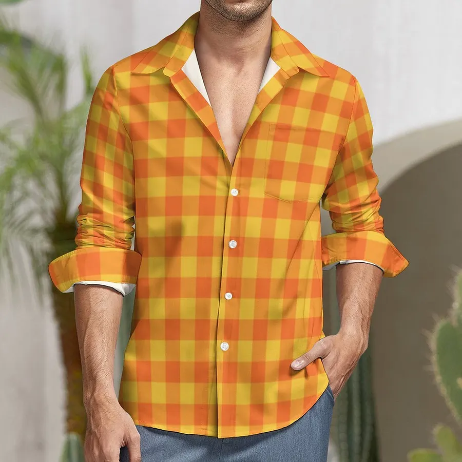 Retro Buffalo Plaid Tartan Yellow Orange Men's Casual Button Down Pocket Shirt