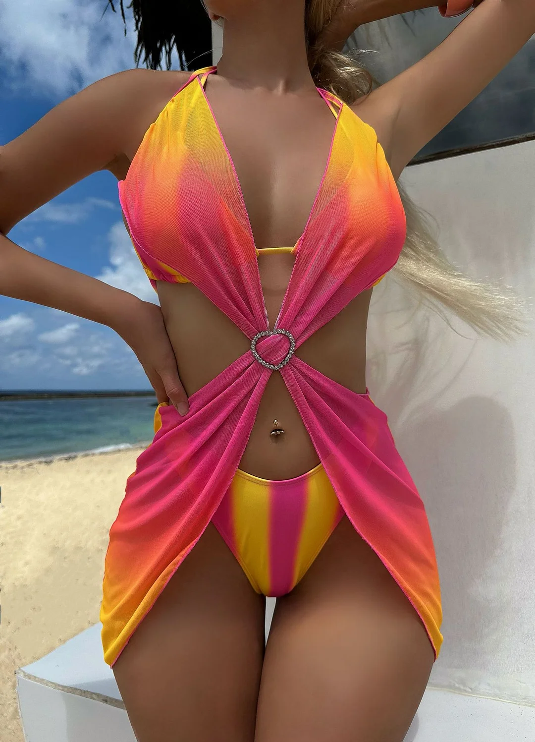 Uveng 2024 New Striped Gradient Love Mesh Dress Three-Piece Swimsuit Swimsuit Bikin