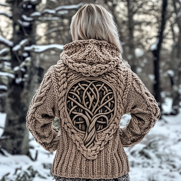 Women's Viking Tribal Runes Life Of Tree Chunky Knit Cozy Hooded Sweater