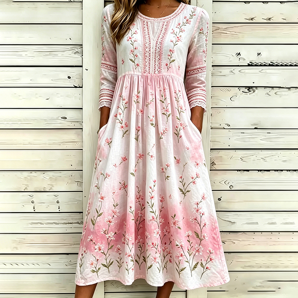 Comstylish Women's Spring Floral And Lace Art Embroidery Pink Tie-dye Round Neck Dress