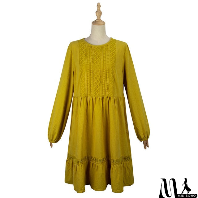 MidiSono - Woman Dress Autumn Winter Casual Lace Stitching Yellow Long Sleeve Loose Vintage Dresses For Women Clothes  Ladies