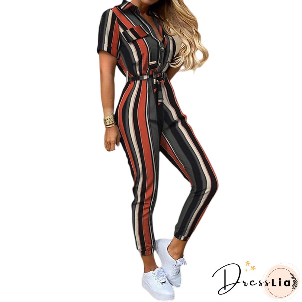 Women Elegant Summer Jumpsuit Short-Sleeved Playsuit Vintage Button Rompers With Waistband Casual Ladies Outfits