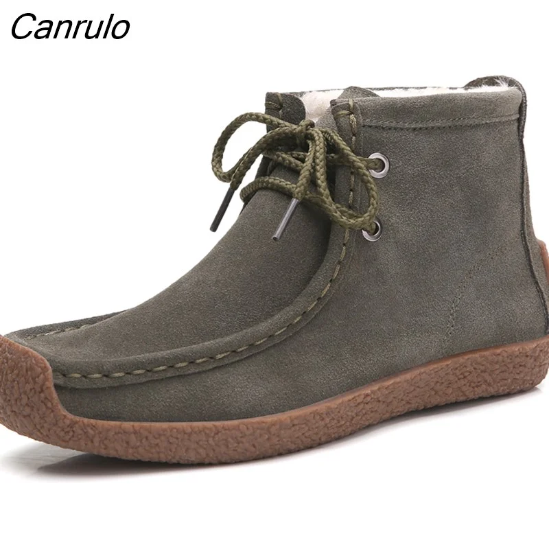 Canrulo Winter Boots Women Basic Ankle Boots Woman High Quality Boot Female Shoes Warm Lace Up Boots Plush Botas Mujer