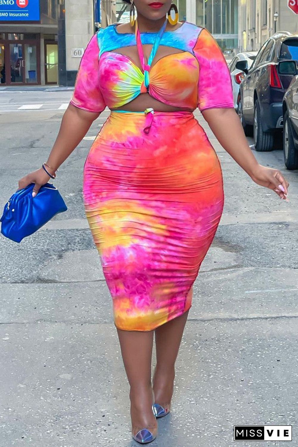 Fashion Sexy Print Hollowed Out O Neck Plus Size Two Pieces