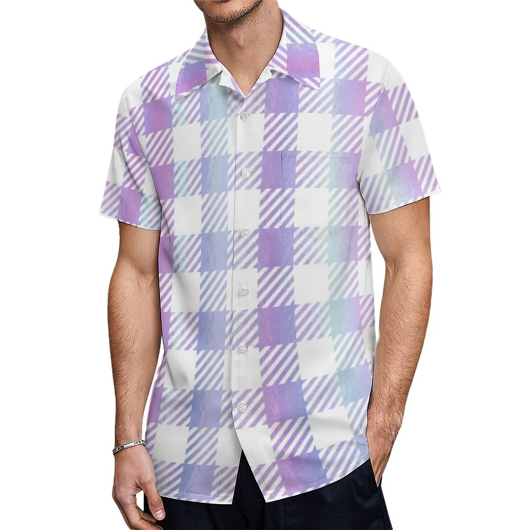 Short Sleeve Purple Blue Iridescent Gingham Hawaiian Shirt Mens Button Down Plus Size Tropical Hawaii Beach Shirts