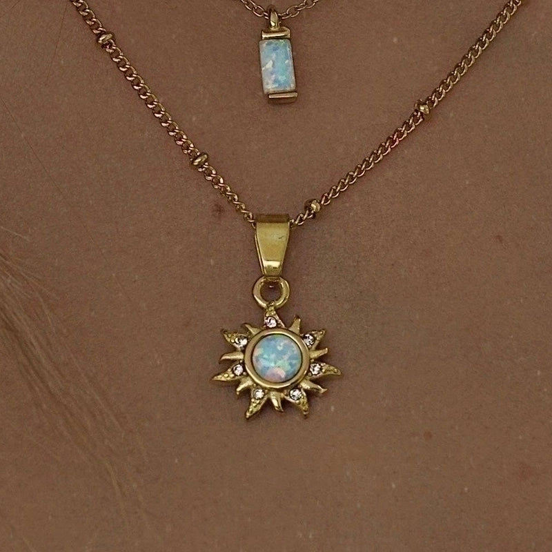 Retro Roman Style Streetwear Geometric Sun 201 Stainless Steel 304 Stainless Steel Artificial Opal Opal 18K Gold Plated Plating Inlay Pendant Necklace