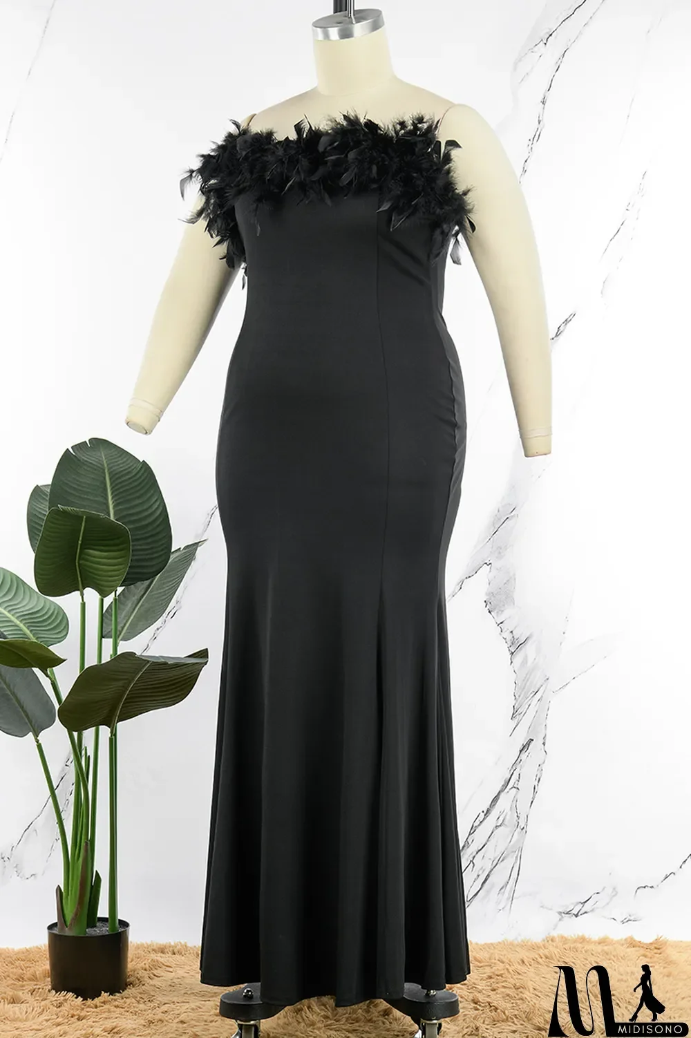 MidiSono - Green Sexy Solid Patchwork Feathers Strapless Evening Dress Plus Size Dresses