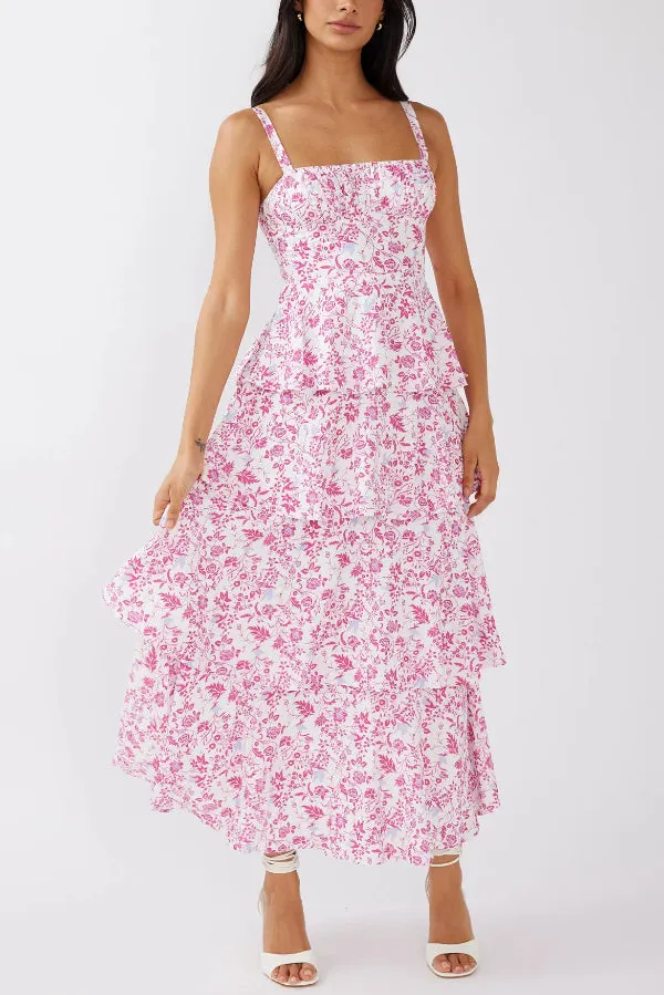 Floral Print Square Neckline Back Tie Casual Holiday Maxi Dress