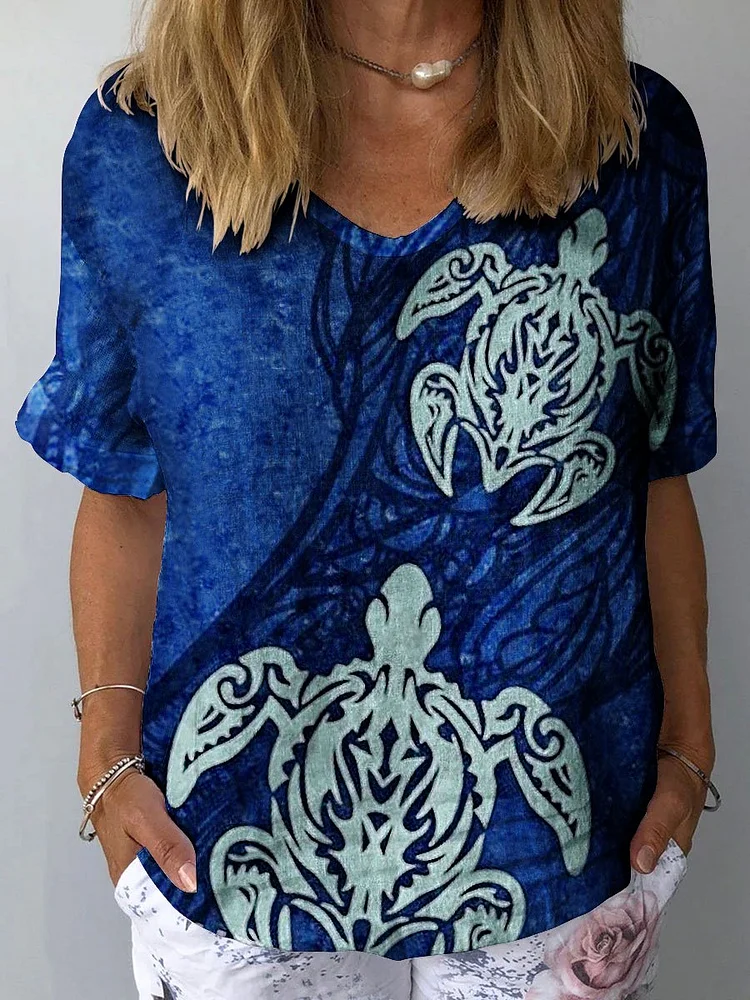 Women's Vintage Ocean Turtle Art Print Casual Cotton And Linen Shirt