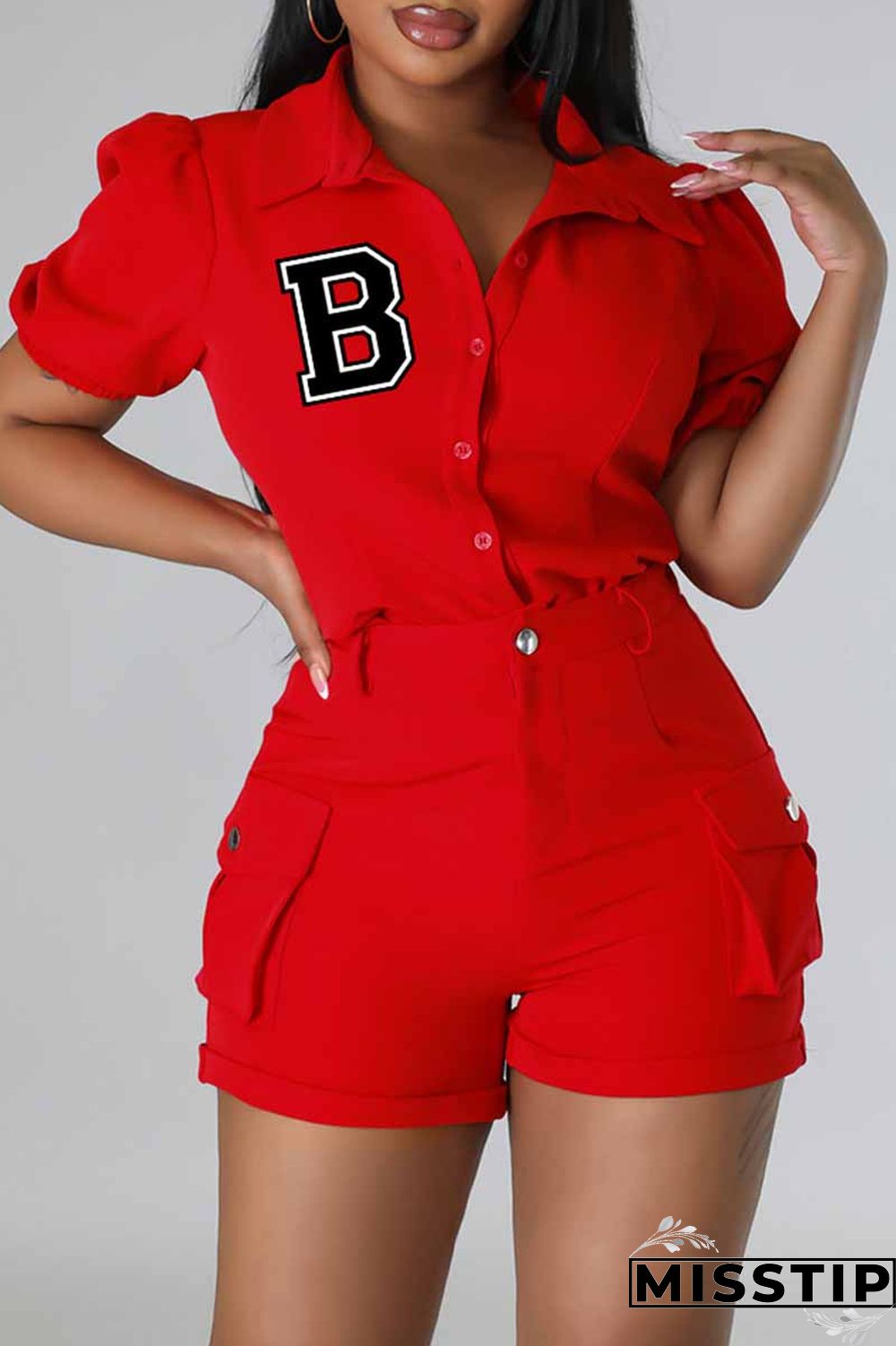 Black Casual Print Letter Turndown Collar Short Sleeve Two Pieces