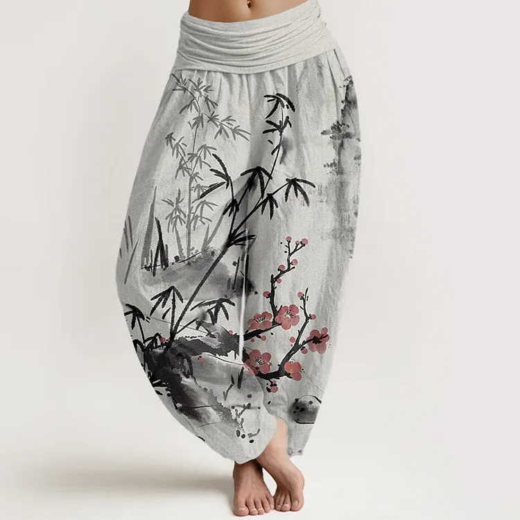 Cotton Plum Blossoms Bamboo Orchids Chrysanthemums Pattern Women's Elastic Waist Harem Pants