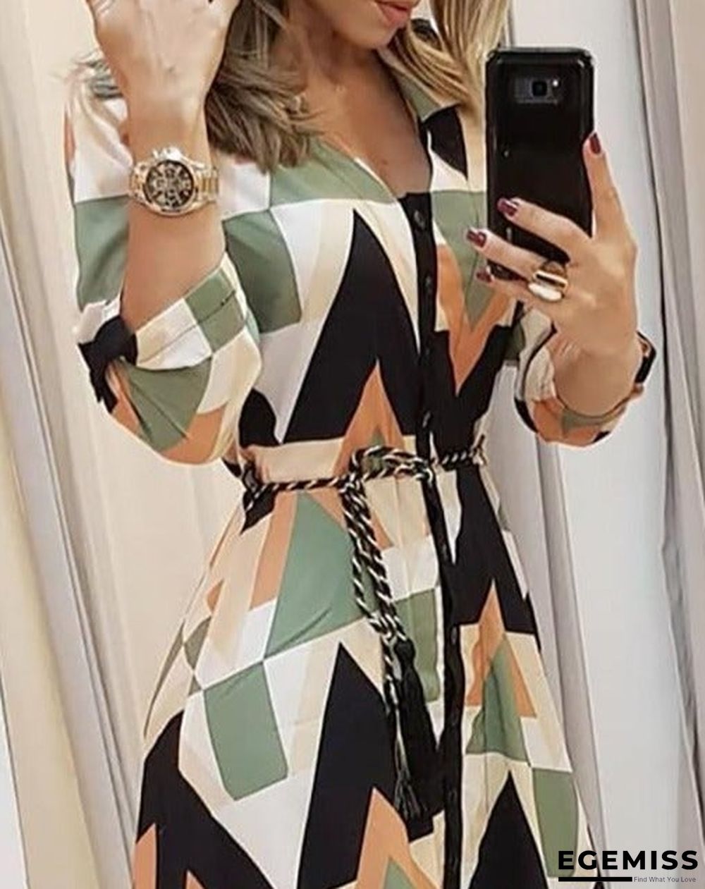 Colorblocked Geo Print Asymmetrical Shirt Dress | EGEMISS