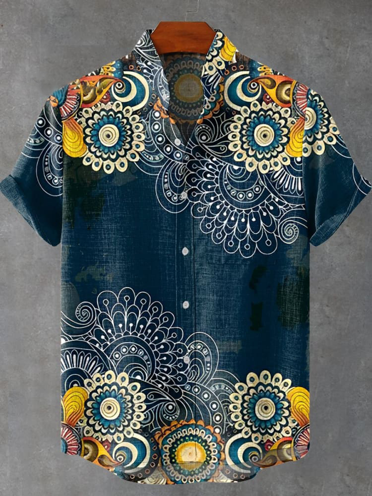 Men's geometric totem pattern holiday cartoon stand collar print shirt PLUSCLOTHESMAN