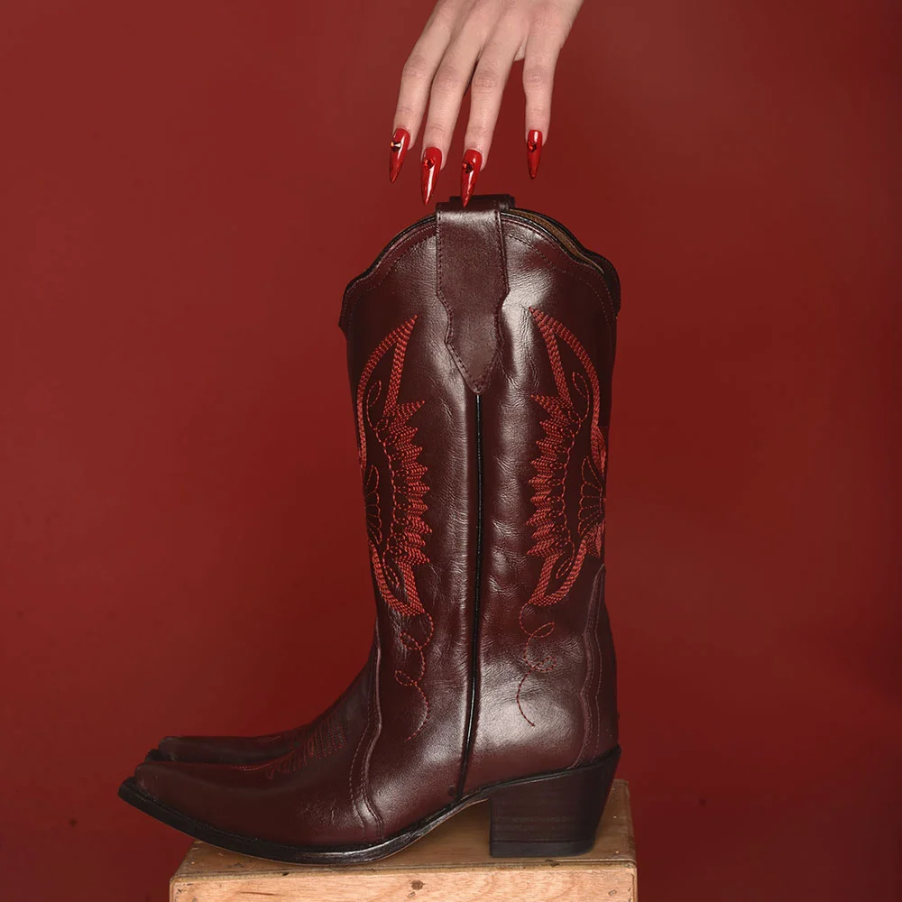 Burgundy Eagle Embroidery Chunky Heel Cowboy Boots for Women