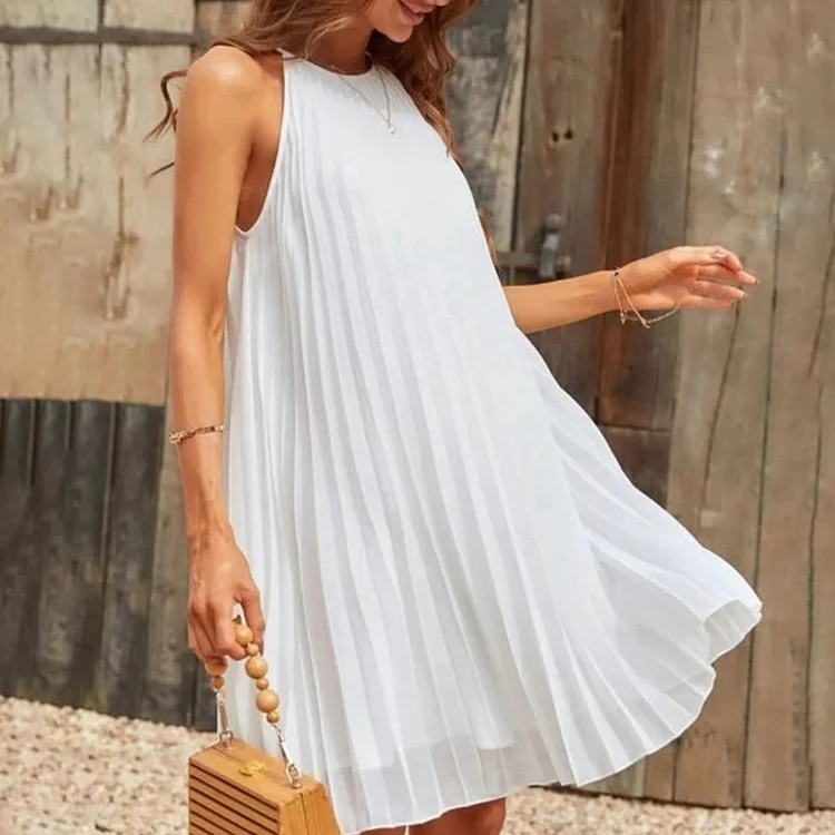 Simple Pleated Sleeveless Mini Dress - yankia