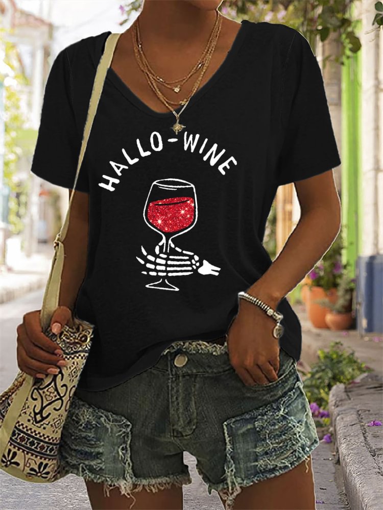 Artwishers Hallo Wine Glitter Graphic V Neck T Shirt