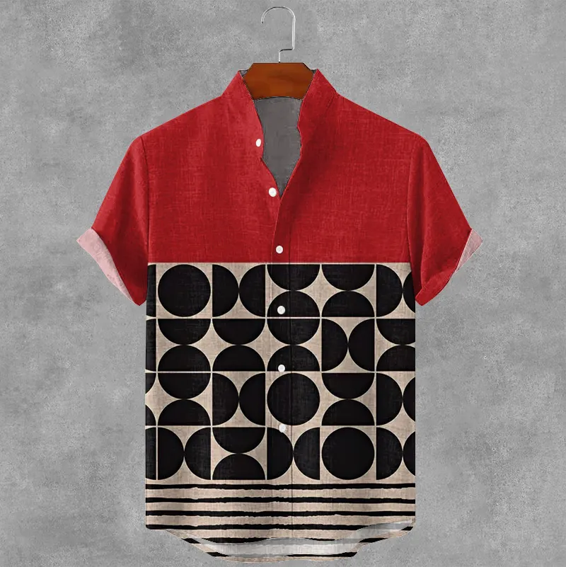 Mid Century Geometric Circle Striped Color Block Men's Short Sleeve Button Up Shirt  artssus