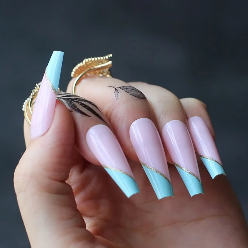 Gel Exquisite French Coffin Baby nude Acrylic nails salon 24pcs Baby pink Fake nails ballet UV glossy reuseull wholesale droship-Nail Inspo