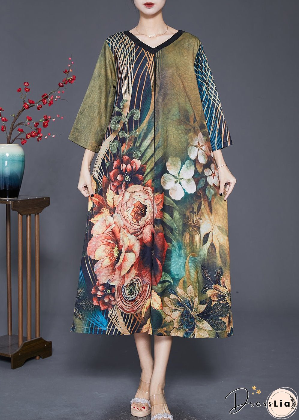 Women Green V Neck Print Silk A Line Dresses Bracelet Sleeve