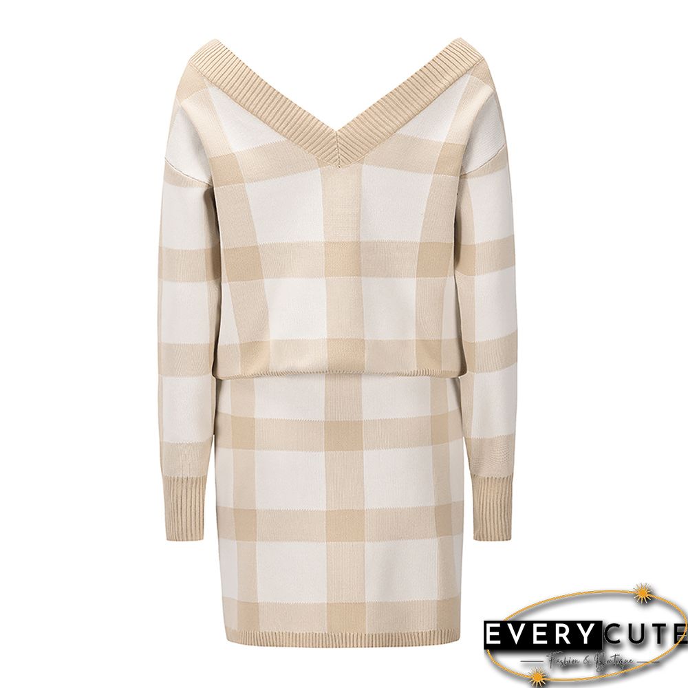 Khaki Plaid Print Long Sleeve Sweater Skirt Set