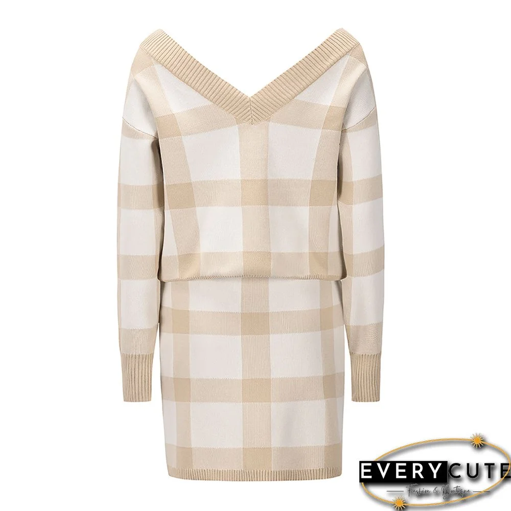 Khaki Plaid Print Long Sleeve Sweater Skirt Set