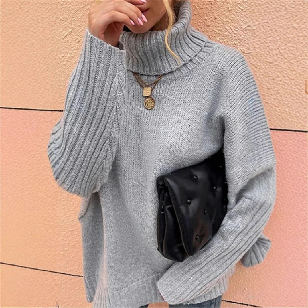 Athvotar Athvotar And Winter New Loose Solid Color High-Collar Bat Sleeve Knitted Sweater
