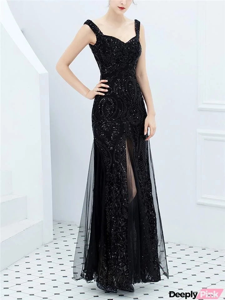 Stunning Sequined High Slit Formal Tulle Dress for Dinner