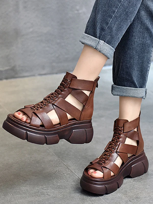 Urban Solid Color Hollow Out Leather Weave Fish Mouth Sandals Platform Shoes