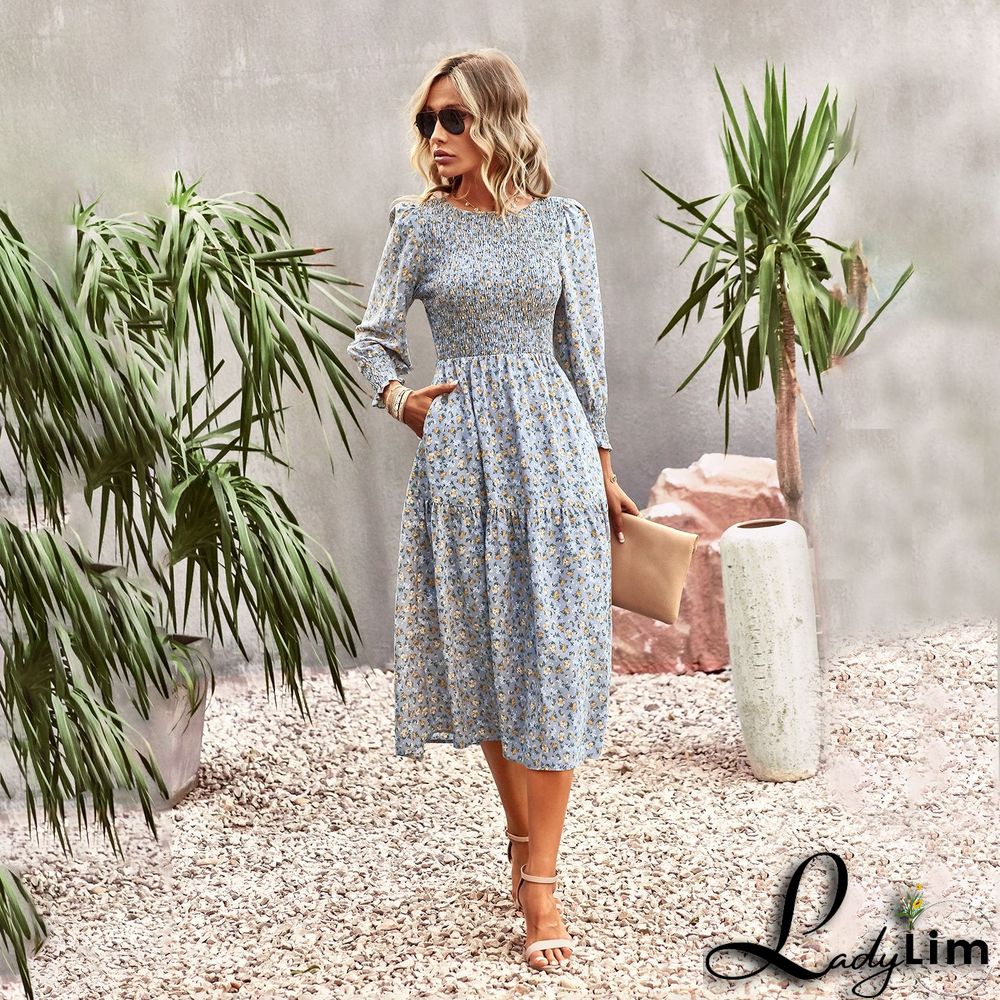Spring Summer Chic Slim Waist Print Casual Holidays Women Dress