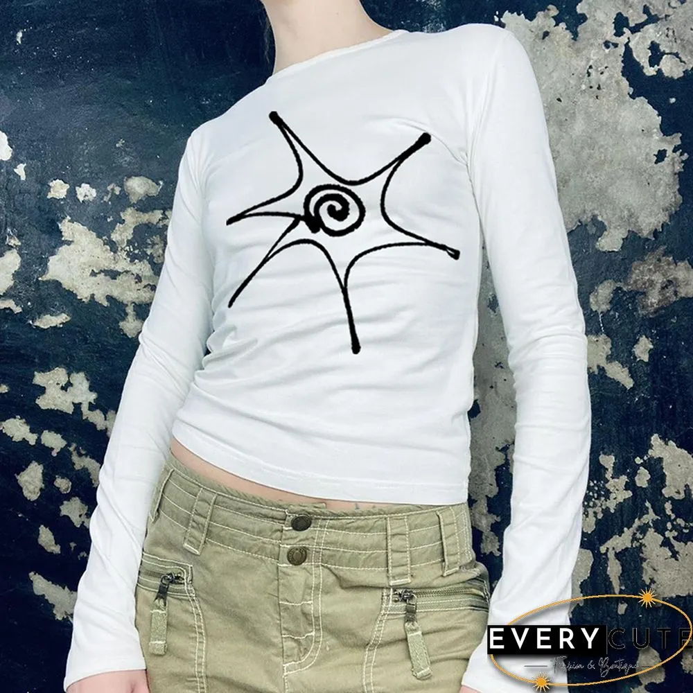 Y2K Shirts For Women Graphic Print Long Sleeve Crop Top White Harajuku Clothes Emo Girl