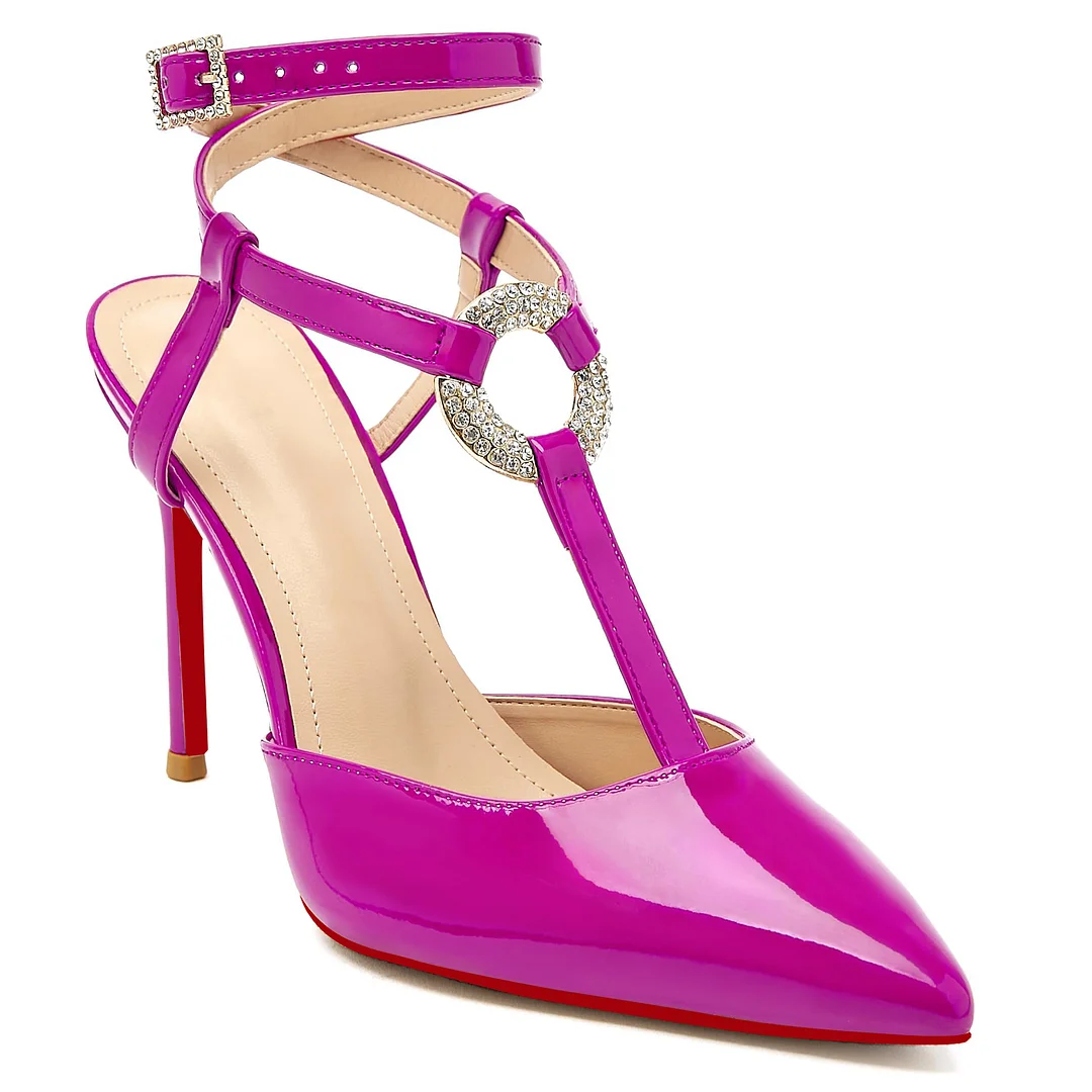 100mm Women Slingback Red Bottoms  Pumps Ankle Strap Jenlove Stiletto High Heel Diamond Close Pointed Toe Dress Patent Shoes-MERUMOTE