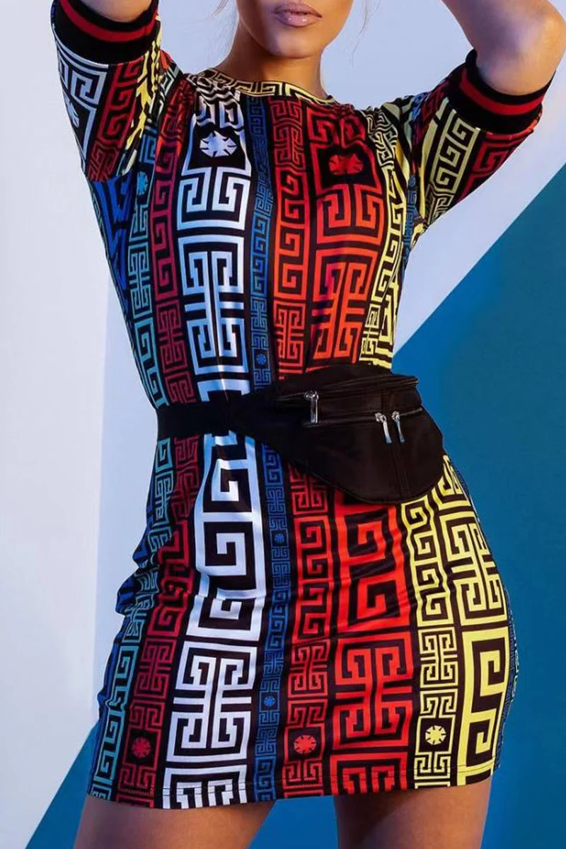 Colour Fashion Casual Print Patchwork O Neck One Step Skirt Dresses | EGEMISS