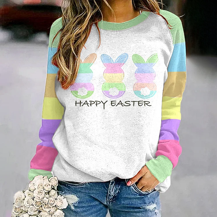 Easter Color Stripe Panel Long Sleeve Casual Sweatshirt