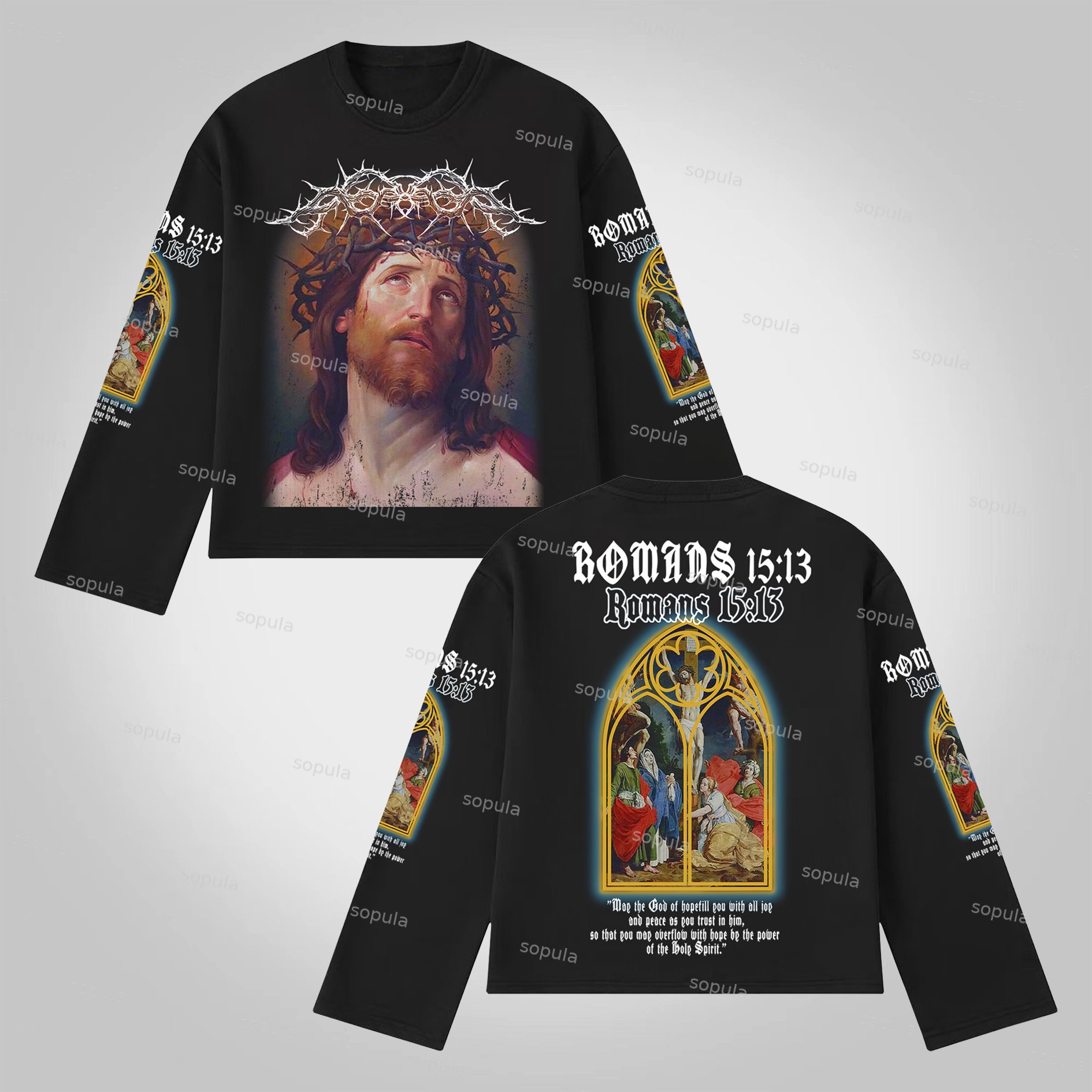 Sopula Vintage Jesus Portrait Graphic Bible Print Cotton Long Sleeve T-Shirt - SOPULA