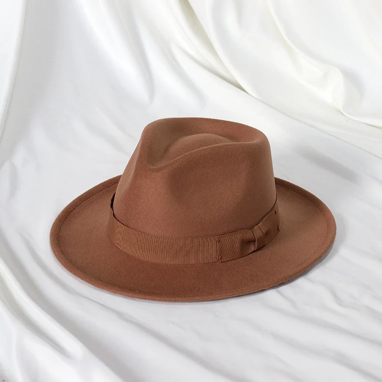 Retro Felt Fedora - Jazz Hat Solid Color Warped Edge-Khaki