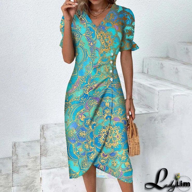 UR Stand Collar Ethnic Style Printed Casual Coat