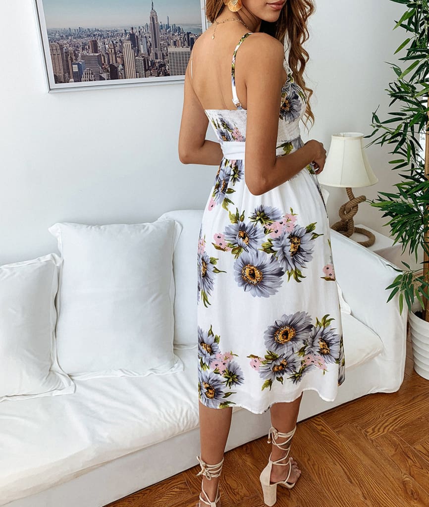  New Fashion Summer Women Boho Floral High Waist Print Dress Lady Holiday Party Beach Sling Dress Sundress