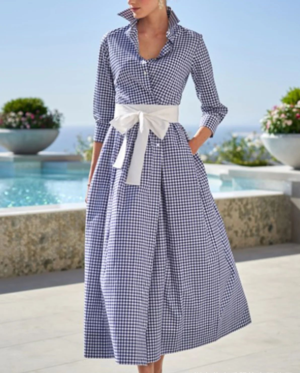Relaxed Plaid Lapel Swing Midi Dress