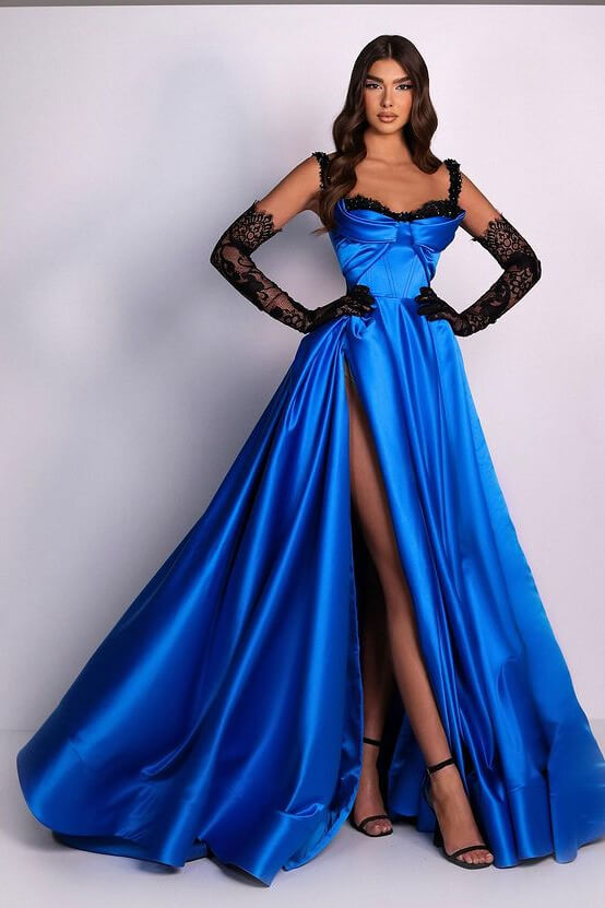 Bellasprom Straps Ocean Blue Prom Dress Long Split With Appliques Bellasprom