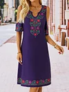 Vacation Tribal Floral Boho Loosen V Neck Short Sleeve Midi Knit Dress