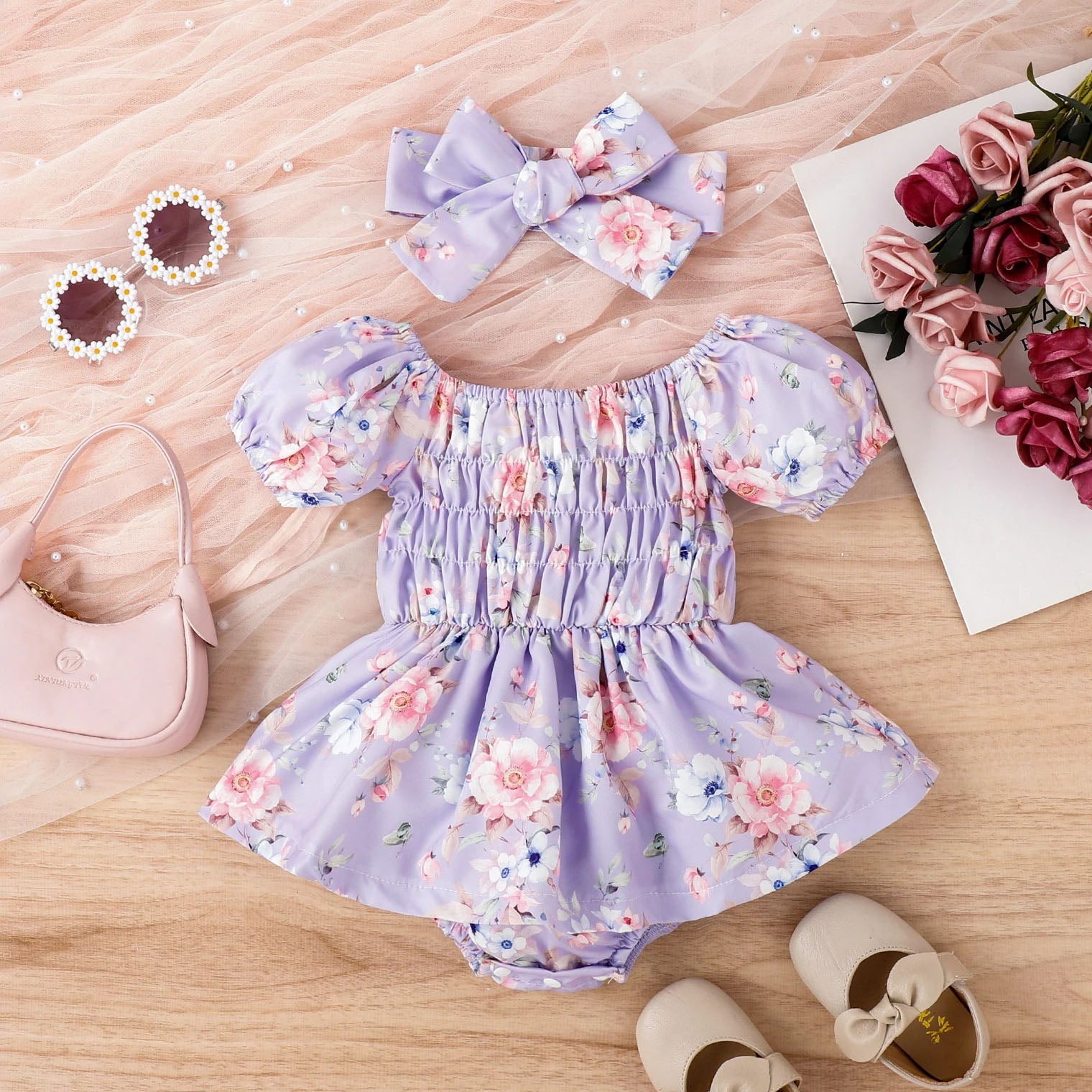 Babyhug 100% Cotton Short Sleeves Floral Printed Jumpsuit - Mint