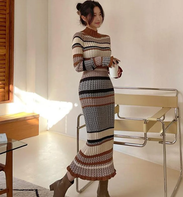 Toloer Toloer Women Autumn Winter Stripe Sweater Knitted Dresses New Fashion Vintage Turtleneck Long Sleeve Lady Bodycon Dresses Robe Vestidos 1127-0-Outfit Ideas