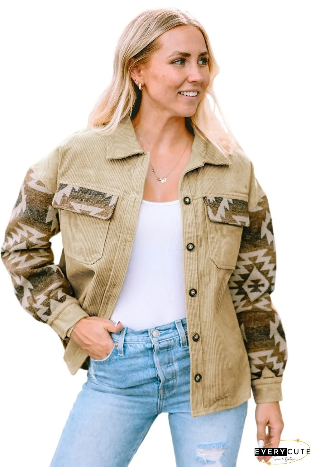 Khaki Aztec Print Patchwork Frayed Edge Corduroy Jacket