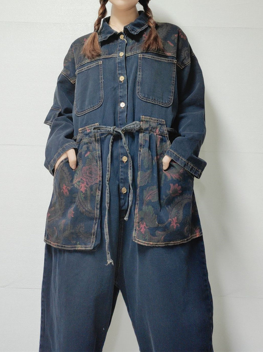 Women's Floral Printed Gradient Casual Retro Wide-leg Workwear Denim Overalls Jumpsuit