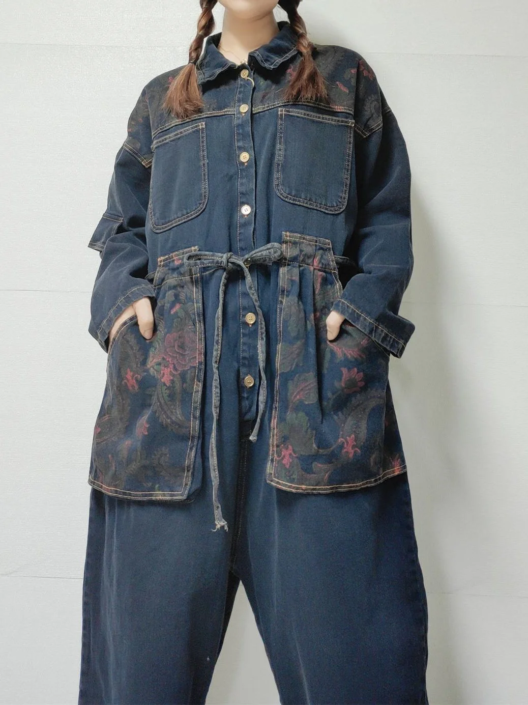 Women's Floral Printed Gradient Casual Retro Wide-leg Workwear Denim Overalls Jumpsuit