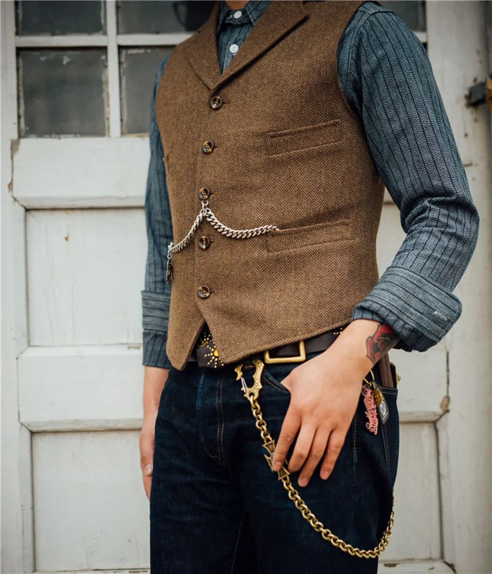 Men's Lapel V Neck Wool Herringbone Casual Waistcoat Formal Groomsman Business Suit Vest For Wedding